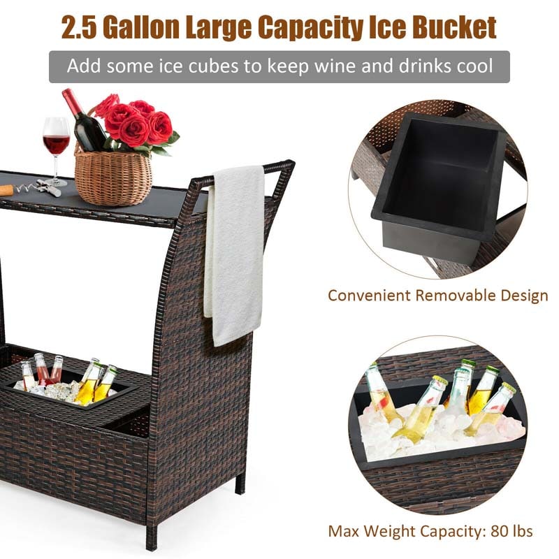 Outdoor Wicker Bar Cart Patio Wine Serving Cart Rolling Rattan Beverage Bar Counter Table with Glass Top & Ice Bucket