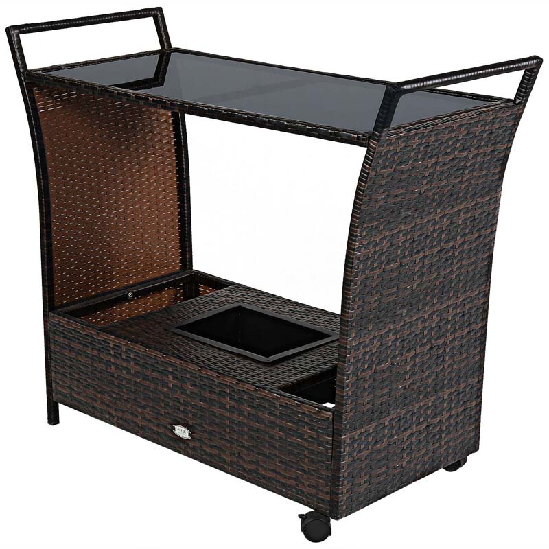 Outdoor Wicker Bar Cart Patio Wine Serving Cart Rolling Rattan Beverage Bar Counter Table with Glass Top & Ice Bucket