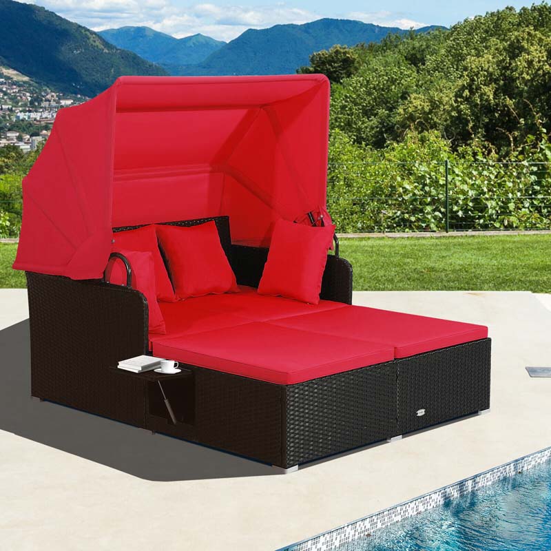 Patio Rattan Daybed, Outdoor Wicker Double Sun Lounger with Retractable Canopy, 2 Foldable Side Trays & Thick Cushions for Garden Poolside, Porch