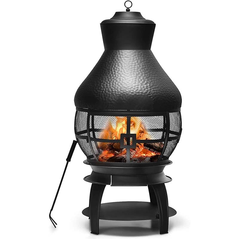 Wood Burning Chiminea Fire Pit, Outdoor Chimenea Fireplace with 2-Piece Log Grate, Rain Cap, Fire Poker & Fire Retardant Mesh Cover for Garden Patio