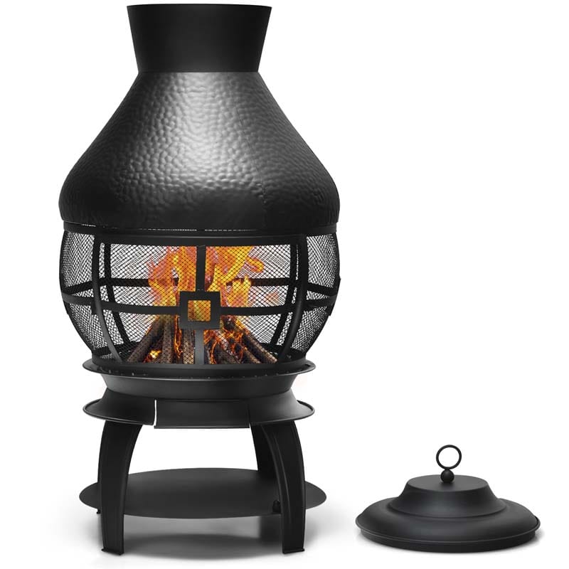 Wood Burning Chiminea Fire Pit, Outdoor Chimenea Fireplace with 2-Piece Log Grate, Rain Cap, Fire Poker & Fire Retardant Mesh Cover for Garden Patio