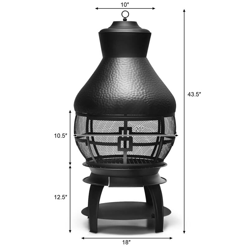 Wood Burning Chiminea Fire Pit, Outdoor Chimenea Fireplace with 2-Piece Log Grate, Rain Cap, Fire Poker & Fire Retardant Mesh Cover for Garden Patio