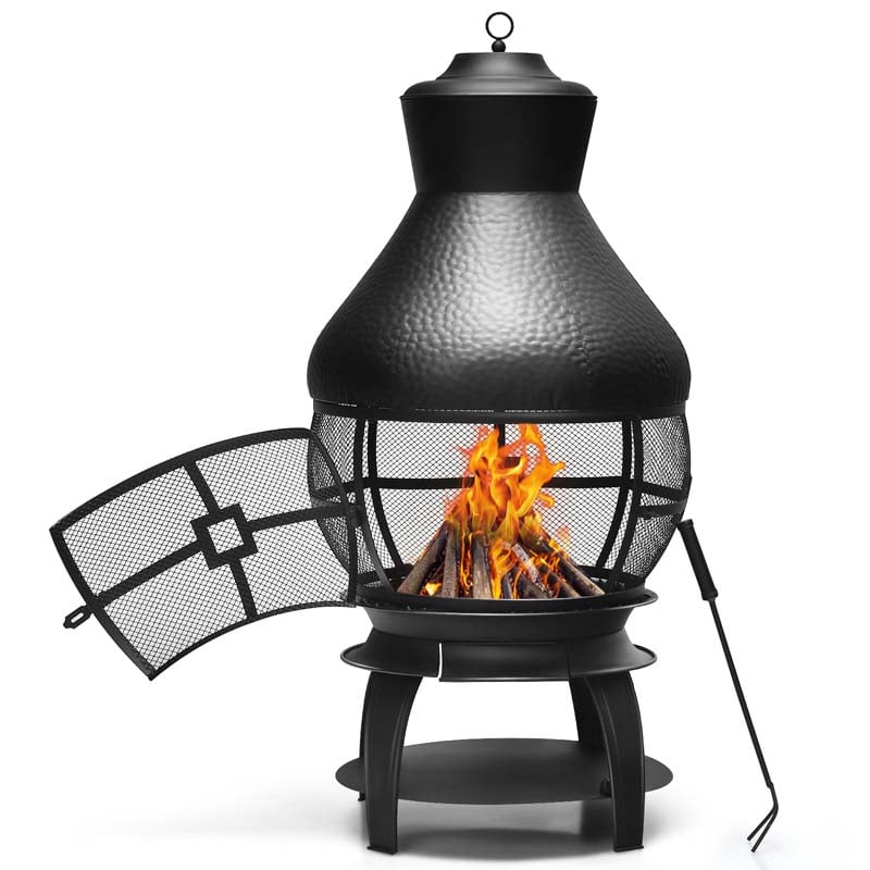 Wood Burning Chiminea Fire Pit, Outdoor Chimenea Fireplace with 2-Piece Log Grate, Rain Cap, Fire Poker & Fire Retardant Mesh Cover for Garden Patio