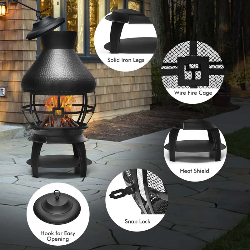 Wood Burning Chiminea Fire Pit, Outdoor Chimenea Fireplace with 2-Piece Log Grate, Rain Cap, Fire Poker & Fire Retardant Mesh Cover for Garden Patio