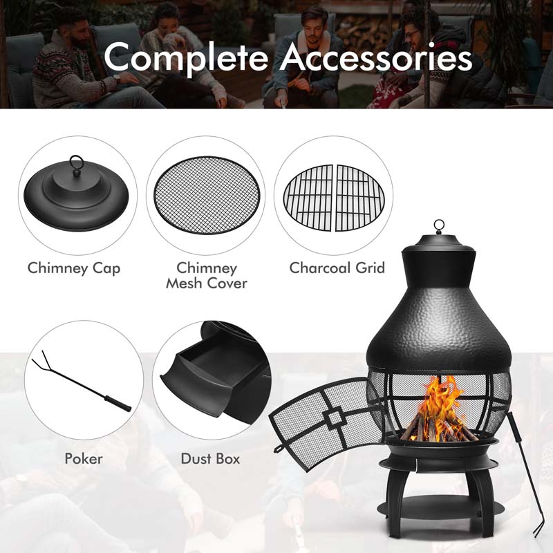 Wood Burning Chiminea Fire Pit, Outdoor Chimenea Fireplace with 2-Piece Log Grate, Rain Cap, Fire Poker & Fire Retardant Mesh Cover for Garden Patio