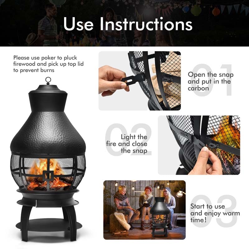 Wood Burning Chiminea Fire Pit, Outdoor Chimenea Fireplace with 2-Piece Log Grate, Rain Cap, Fire Poker & Fire Retardant Mesh Cover for Garden Patio