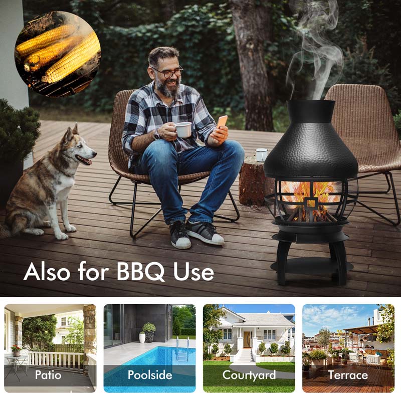 Wood Burning Chiminea Fire Pit, Outdoor Chimenea Fireplace with 2-Piece Log Grate, Rain Cap, Fire Poker & Fire Retardant Mesh Cover for Garden Patio