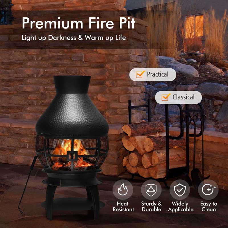 Wood Burning Chiminea Fire Pit, Outdoor Chimenea Fireplace with 2-Piece Log Grate, Rain Cap, Fire Poker & Fire Retardant Mesh Cover for Garden Patio
