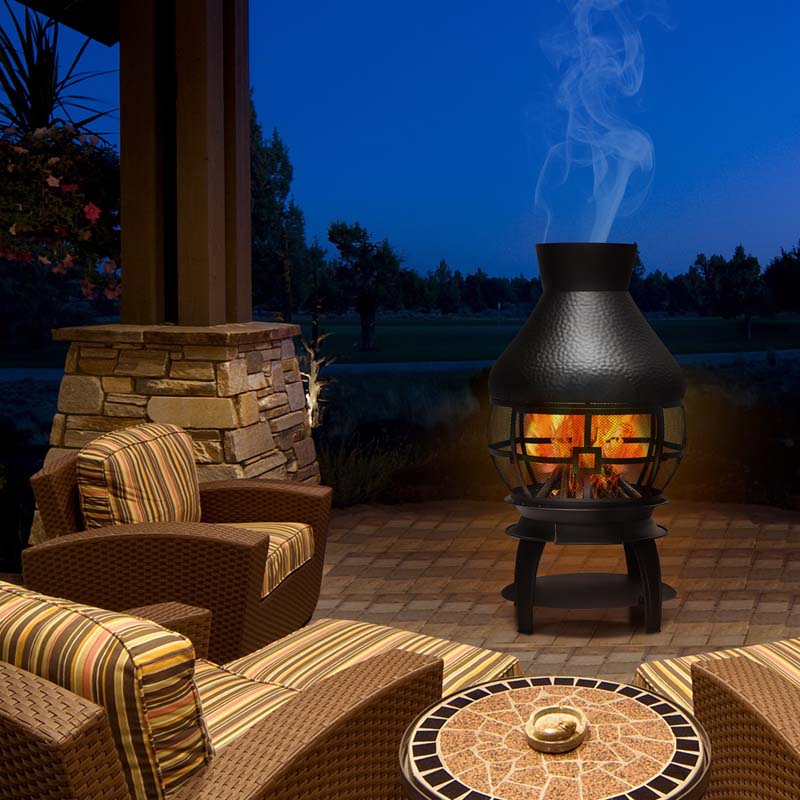 Wood Burning Chiminea Fire Pit, Outdoor Chimenea Fireplace with 2-Piece Log Grate, Rain Cap, Fire Poker & Fire Retardant Mesh Cover for Garden Patio