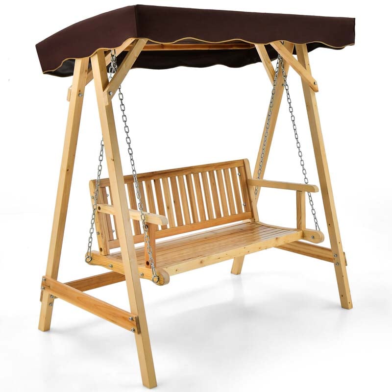 2-Person Wooden Porch Swing Bench Chair, A-Frame Outdoor Patio Swing with Adjustable Canopy