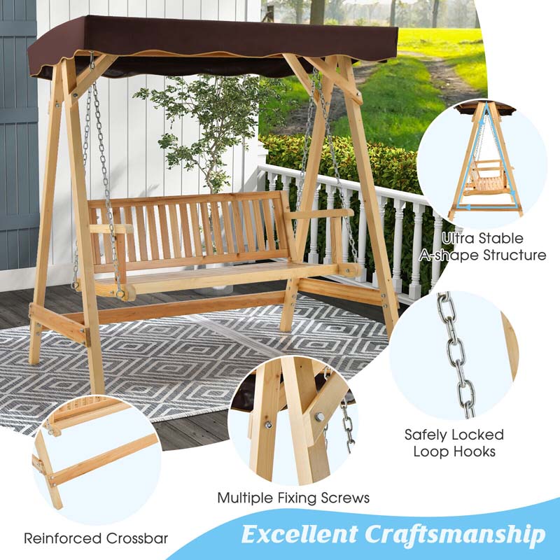 2-Person Wooden Porch Swing Bench Chair, A-Frame Outdoor Patio Swing with Adjustable Canopy