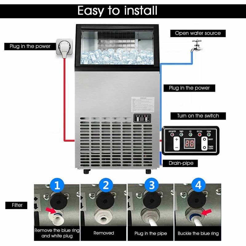 110LBS/24H Commercial Ice Maker, Freestanding Built-in Undercounter Ice Machine with 33LBS Storage Capacity & 24H Timer for Home Bar Restaurant