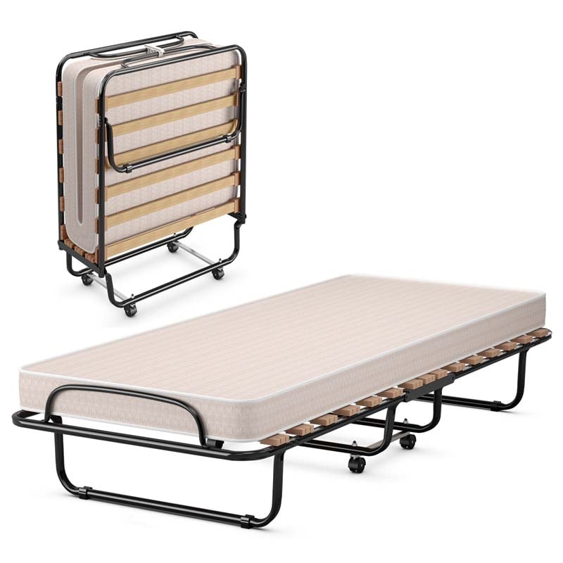 75" x 32" Rollaway Bed with Mattress, Portable Guest Bed Folding Sleeper Bed Cot