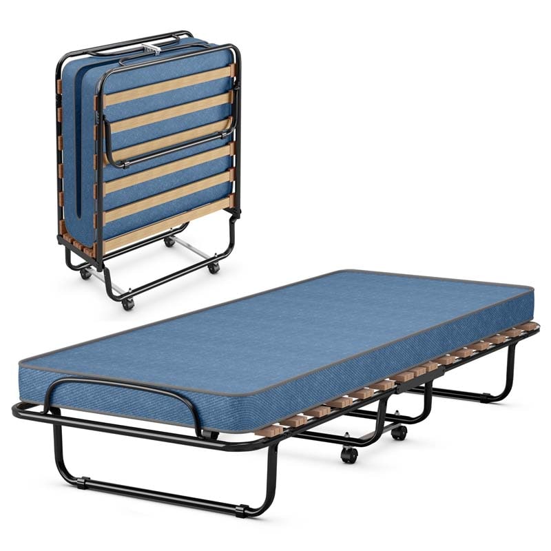 75" x 32" Rollaway Bed with Mattress, Portable Guest Bed Folding Sleeper Bed Cot