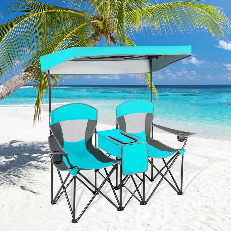 Double Sunshade Camping Canopy Chair with Mini Table, Cup Holder, Portable Folding Beach Chair with Canopy