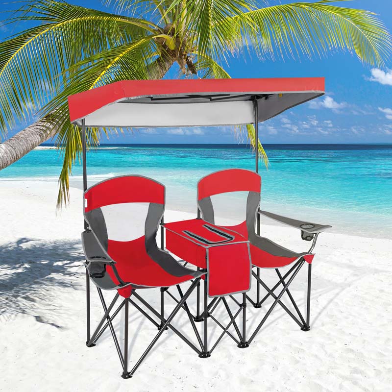 Double Sunshade Camping Canopy Chair with Mini Table, Cup Holder, Portable Folding Beach Chair with Canopy