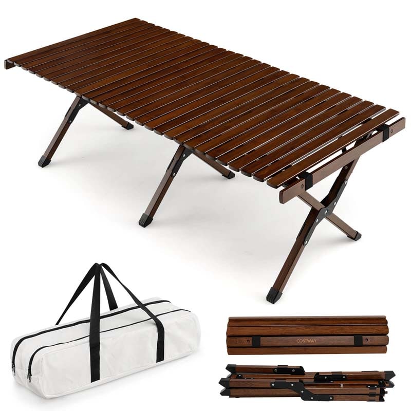 Folding Camping Table Portable Picnic Table with Carry Bag, Roll-up Bamboo Tabletop for BBQ Party Hiking