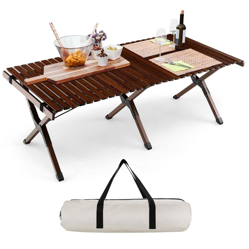 Folding Camping Table Portable Picnic Table with Carry Bag, Roll-up Bamboo Tabletop for BBQ Party Hiking