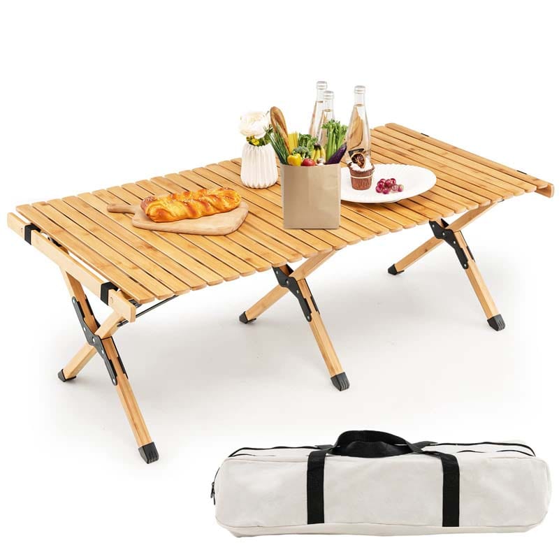 Folding Camping Table Portable Picnic Table with Carry Bag, Roll-up Bamboo Tabletop for BBQ Party Hiking