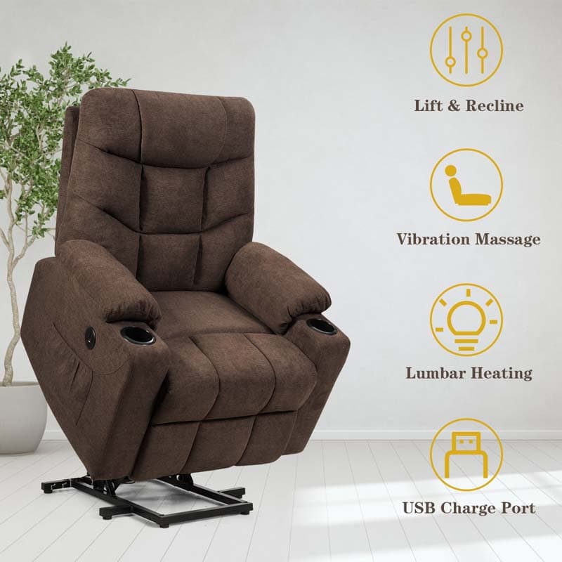 Heated Power Lift Recliner Fabric Massage Reclining Sofa, Elderly Lift Chair with 8 Point Massage, 2 Side Pockets Cup Holders, USB Port