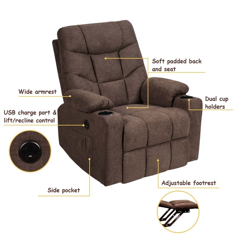 Heated Power Lift Recliner Fabric Massage Reclining Sofa, Elderly Lift Chair with 8 Point Massage, 2 Side Pockets Cup Holders, USB Port