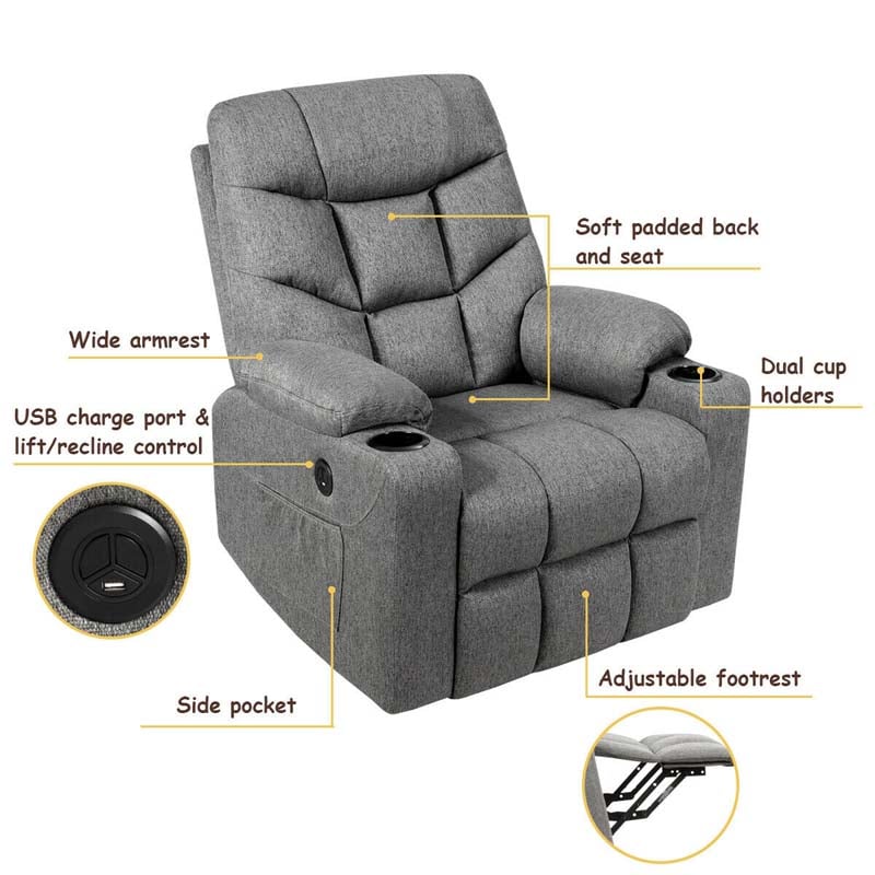 Heated Power Lift Recliner Fabric Massage Reclining Sofa, Elderly Lift Chair with 8 Point Massage, 2 Side Pockets Cup Holders, USB Port