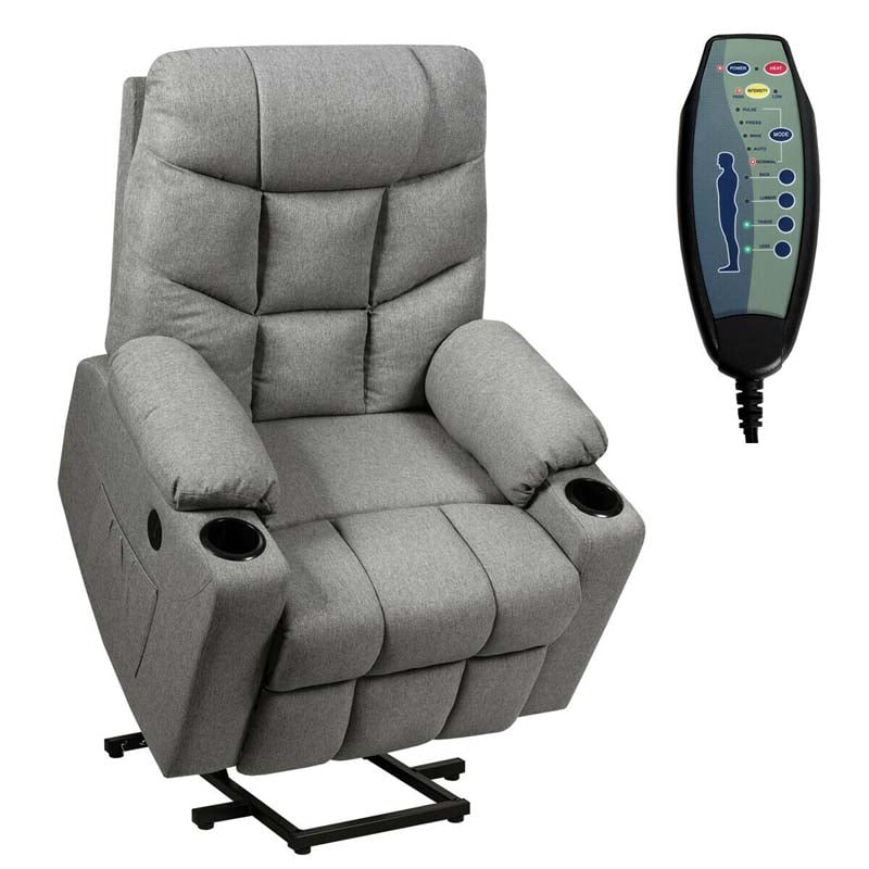 Heated Power Lift Recliner Fabric Massage Reclining Sofa, Elderly Lift Chair with 8 Point Massage, 2 Side Pockets Cup Holders, USB Port