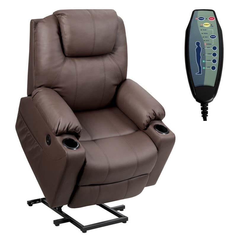 Electric Power Lift Recliner, Leather Massage Reclining Sofa, Elderly Lift Chair with Lumbar Heating & 8 Vibrating Nodes, Cup Holder, USB Port