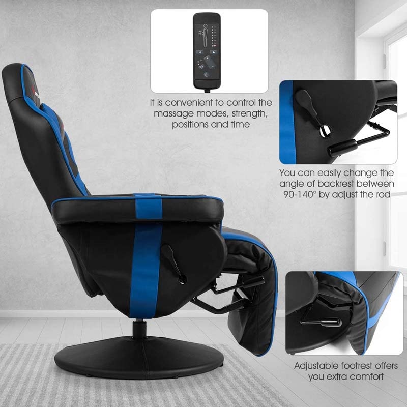 PU Leather Massage Gaming Chair, Ergonomic High Back Racing Style Gaming Recliner with Adjustable Backrest & Footrest, Cup Holder, Side Pouch