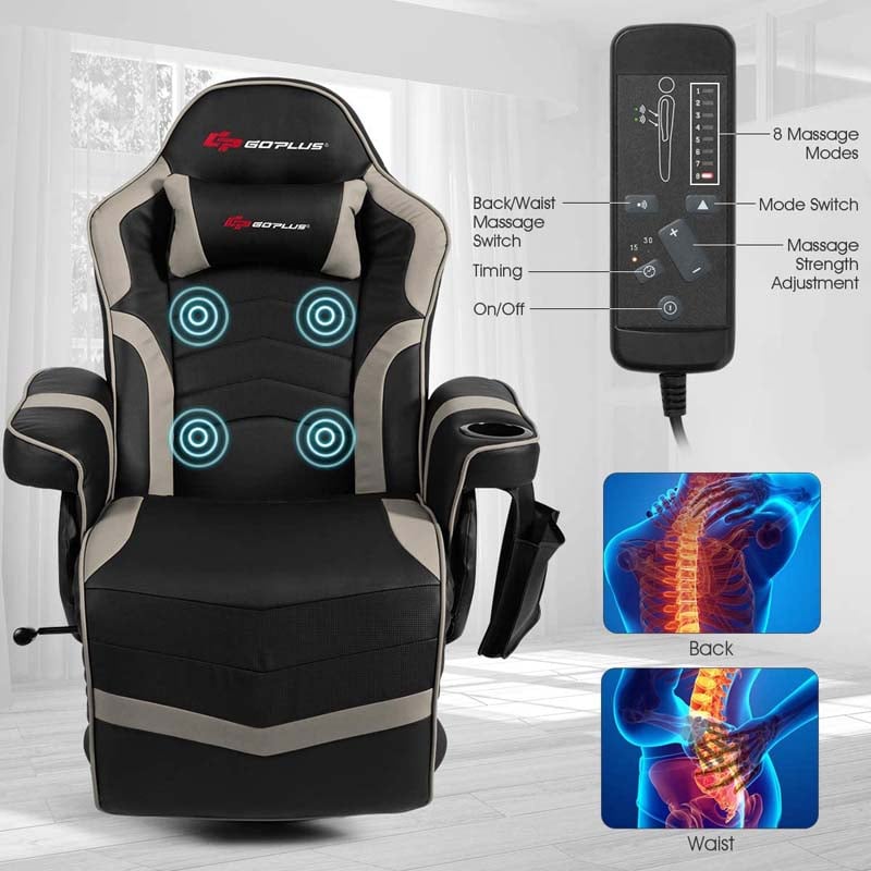 PU Leather Massage Gaming Chair, Ergonomic High Back Racing Style Gaming Recliner with Adjustable Backrest & Footrest, Cup Holder, Side Pouch