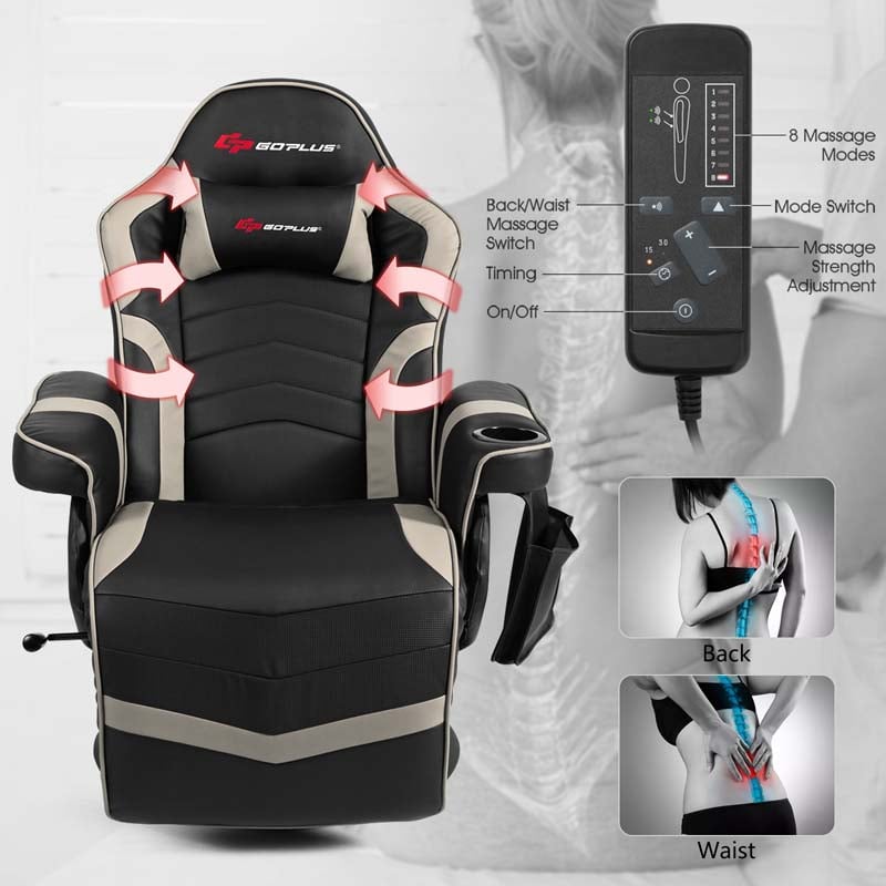 PU Leather Massage Gaming Chair, Ergonomic High Back Racing Style Gaming Recliner with Adjustable Backrest & Footrest, Cup Holder, Side Pouch