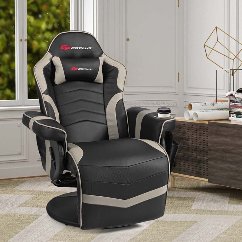 PU Leather Massage Gaming Chair, Ergonomic High Back Racing Style Gaming Recliner with Adjustable Backrest & Footrest, Cup Holder, Side Pouch