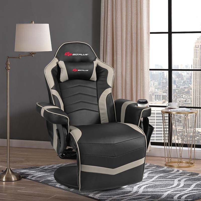 PU Leather Massage Gaming Chair, Ergonomic High Back Racing Style Gaming Recliner with Adjustable Backrest & Footrest, Cup Holder, Side Pouch