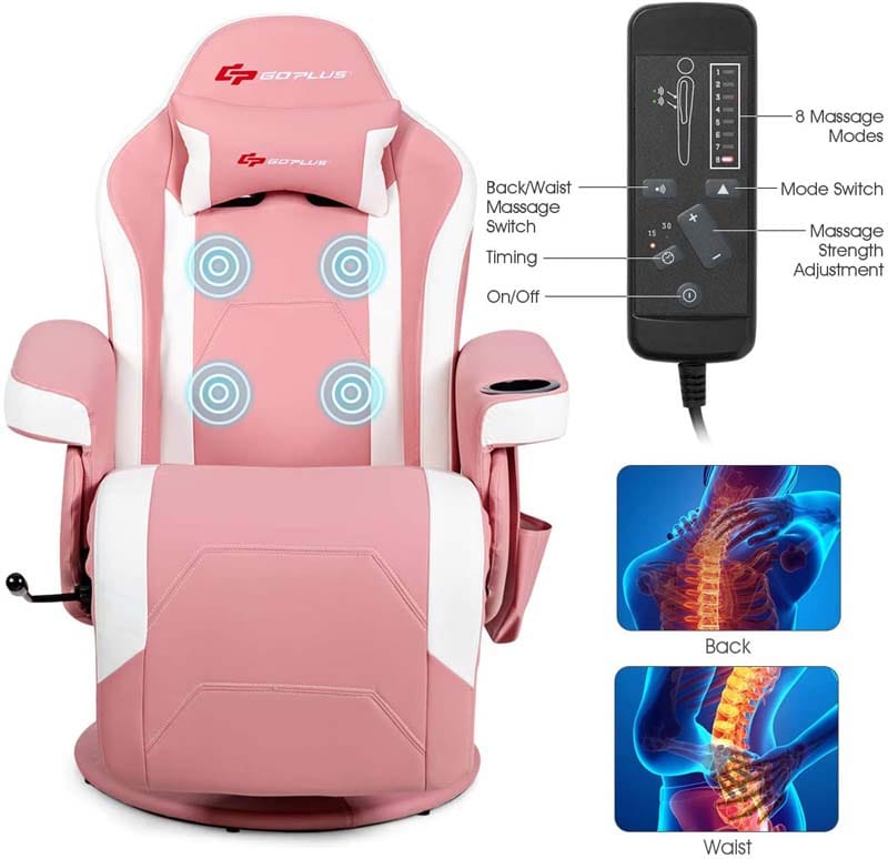 PU Leather Massage Gaming Chair, Ergonomic High Back Racing Style Gaming Recliner with Adjustable Backrest & Footrest, Cup Holder, Side Pouch