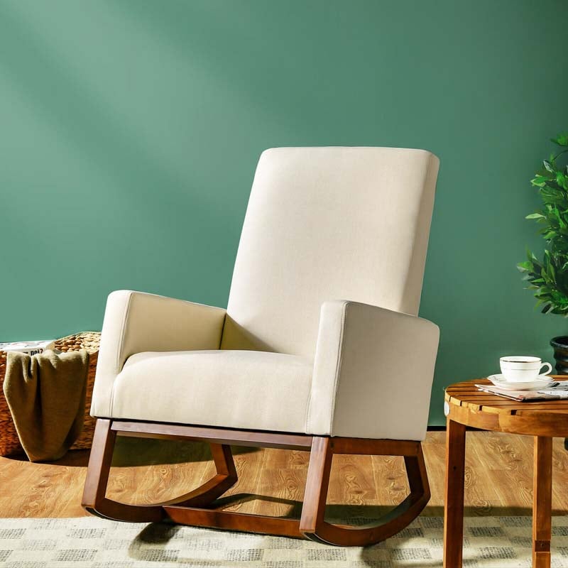 High Back Rocking Chair Upholstered Living Room Chair Nursery Accent Armchair with Wood Base & Side Pocket