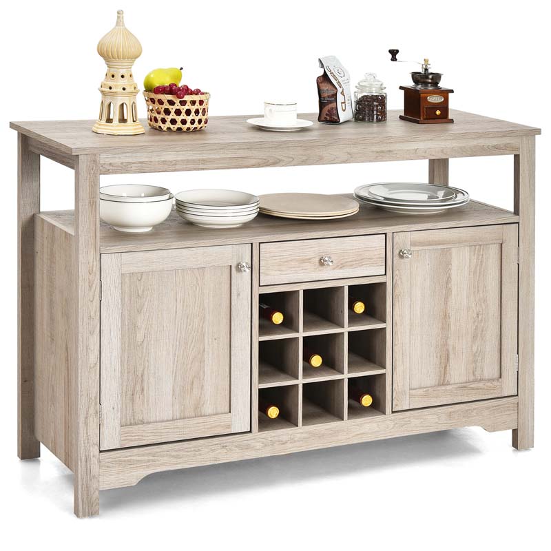 Wood Buffet Server Sideboard Console Table Utensils Organizer with 9 Wine Grids, 1 Drawer & 2 Cabinets