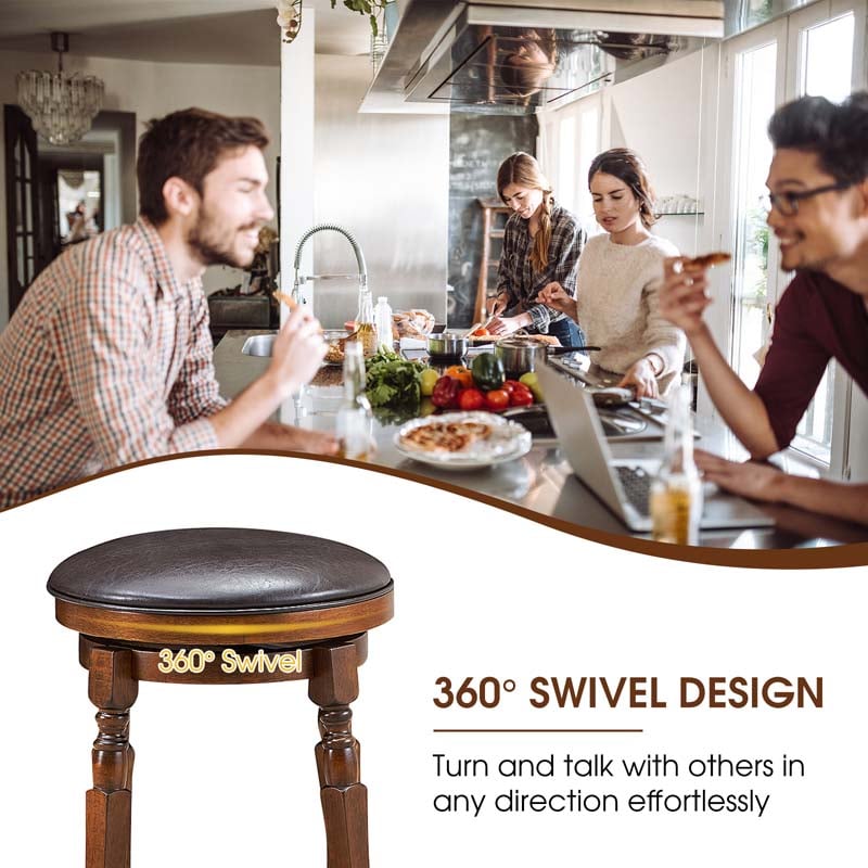 24" Swivel Bar Stools Set of 2, Solid Wood Counter Height Bar Chairs with Faux Leather Padded Seat & Footrest for Kitchen Island, Pub, Cafe