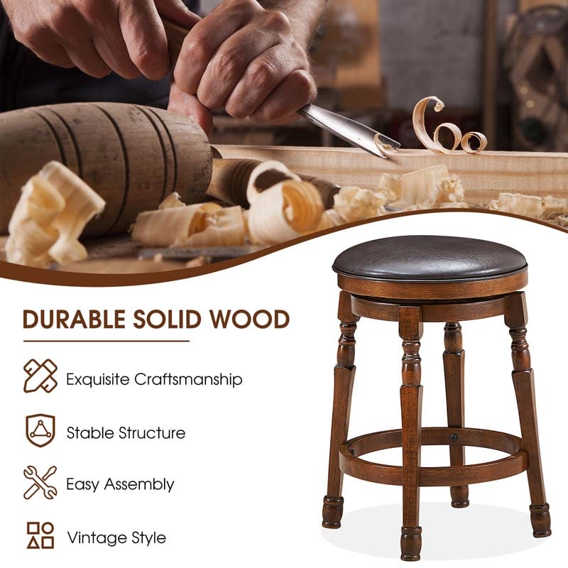 24" Swivel Bar Stools Set of 2, Solid Wood Counter Height Bar Chairs with Faux Leather Padded Seat & Footrest for Kitchen Island, Pub, Cafe