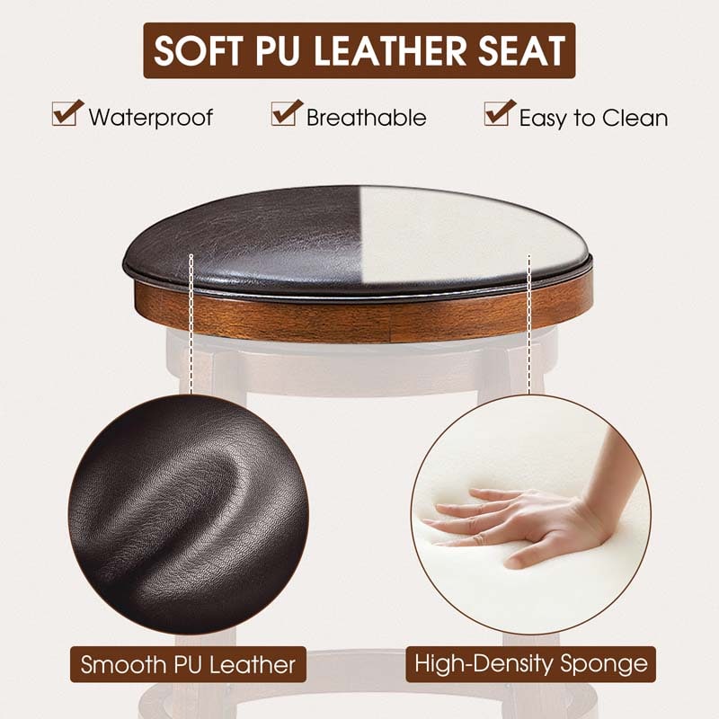 24" Swivel Bar Stools Set of 2, Solid Wood Counter Height Bar Chairs with Faux Leather Padded Seat & Footrest for Kitchen Island, Pub, Cafe