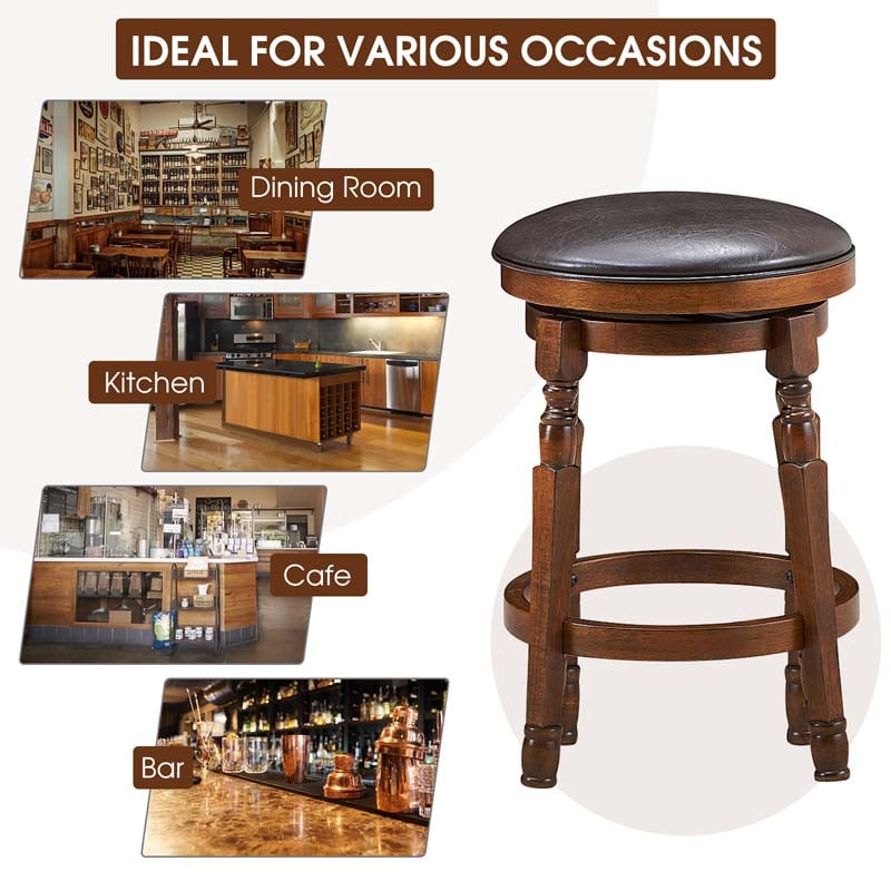 24" Swivel Bar Stools Set of 2, Solid Wood Counter Height Bar Chairs with Faux Leather Padded Seat & Footrest for Kitchen Island, Pub, Cafe
