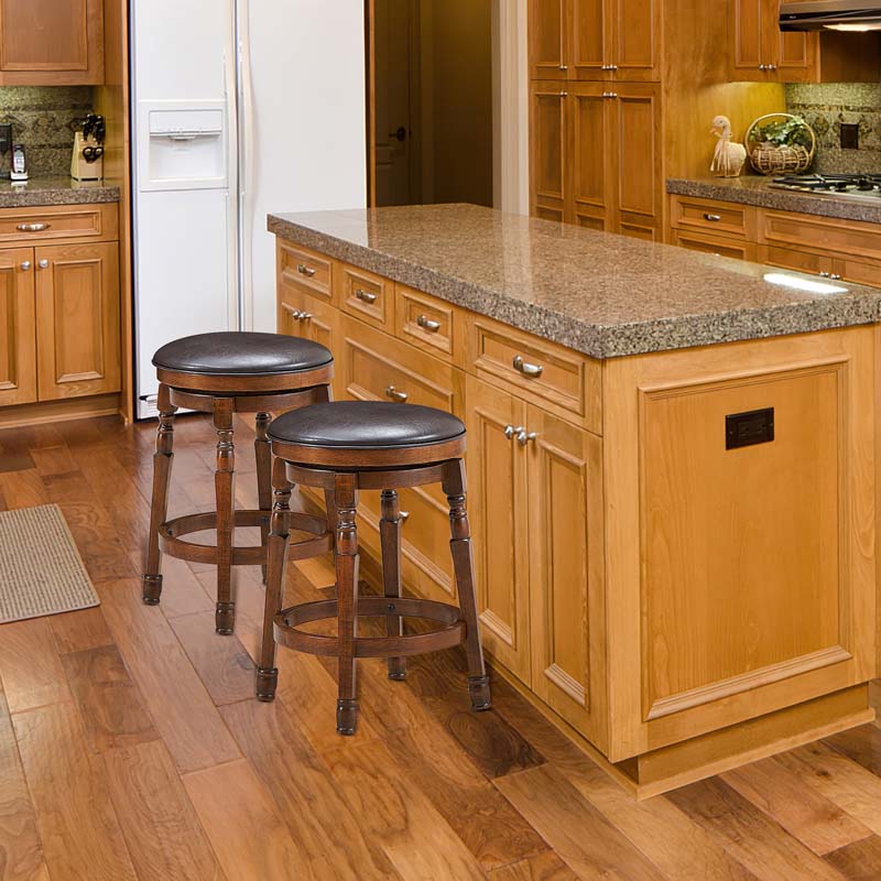 24" Swivel Bar Stools Set of 2, Solid Wood Counter Height Bar Chairs with Faux Leather Padded Seat & Footrest for Kitchen Island, Pub, Cafe