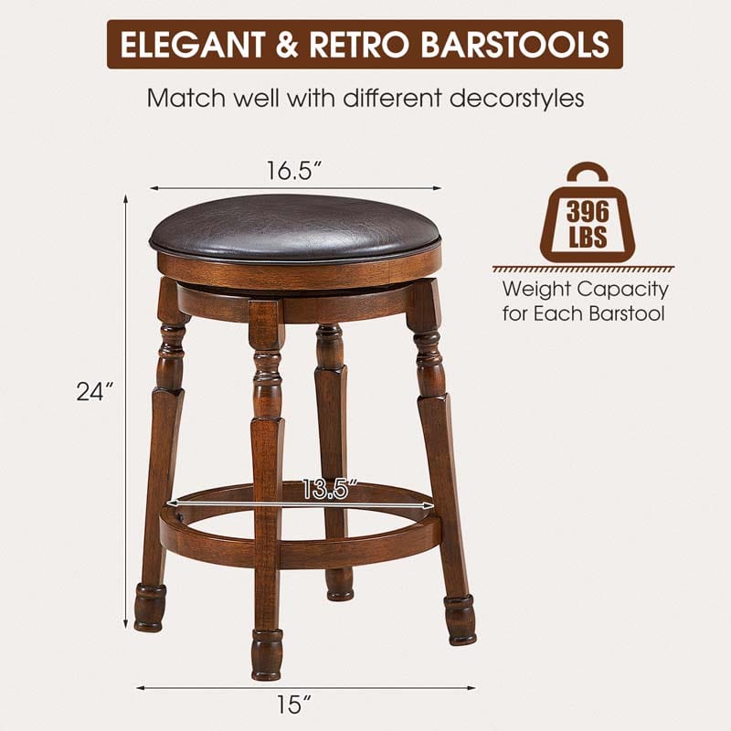 24" Swivel Bar Stools Set of 2, Solid Wood Counter Height Bar Chairs with Faux Leather Padded Seat & Footrest for Kitchen Island, Pub, Cafe