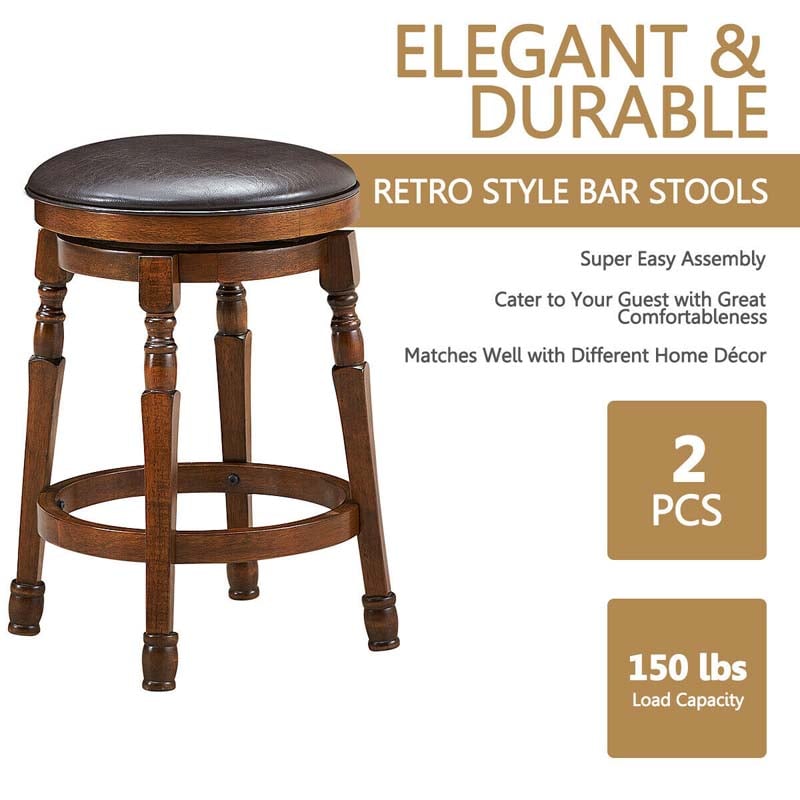 24" Swivel Bar Stools Set of 2, Solid Wood Counter Height Bar Chairs with Faux Leather Padded Seat & Footrest for Kitchen Island, Pub, Cafe