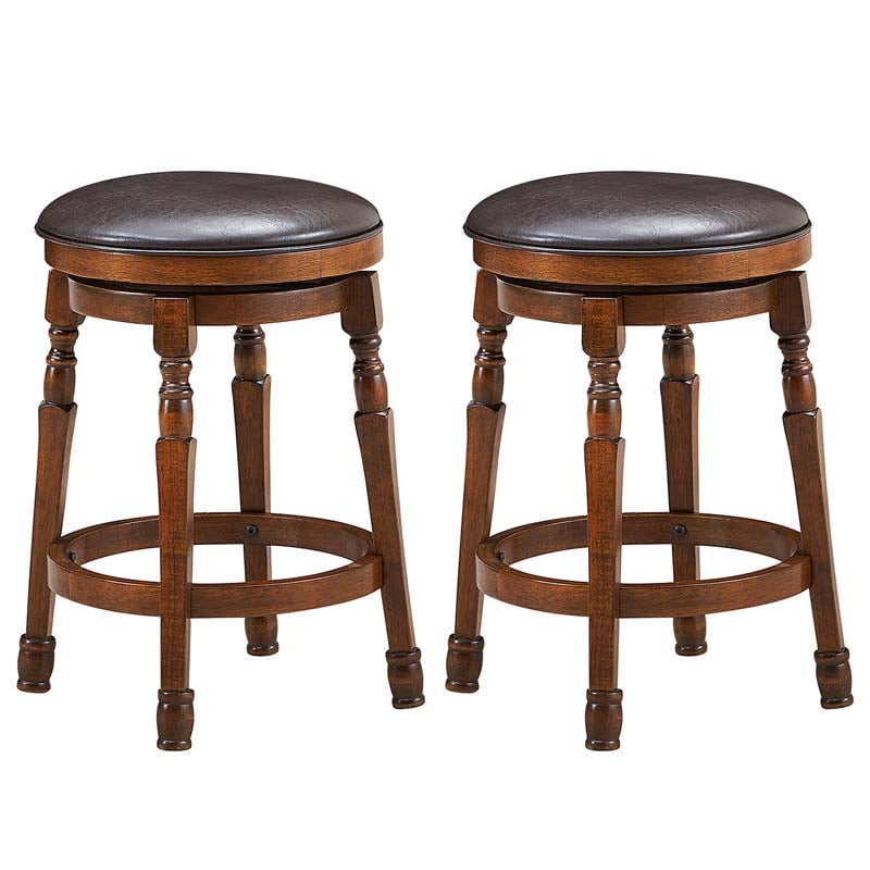 24" Swivel Bar Stools Set of 2, Solid Wood Counter Height Bar Chairs with Faux Leather Padded Seat & Footrest for Kitchen Island, Pub, Cafe