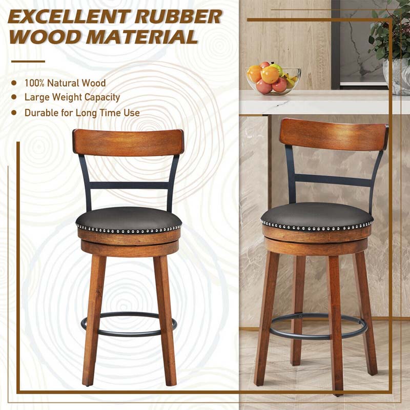 25.5" Wooden Swivel Bar Stools Set of 2 with Back & Leather Padded Seat, Upholstered Counter Height Bar Chairs for Kitchen Island, Pub, Restaurant