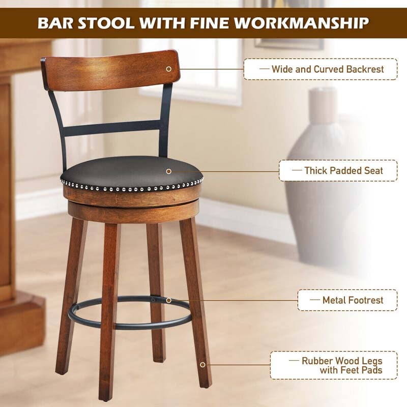 25.5" Wooden Swivel Bar Stools Set of 2 with Back & Leather Padded Seat, Upholstered Counter Height Bar Chairs for Kitchen Island, Pub, Restaurant