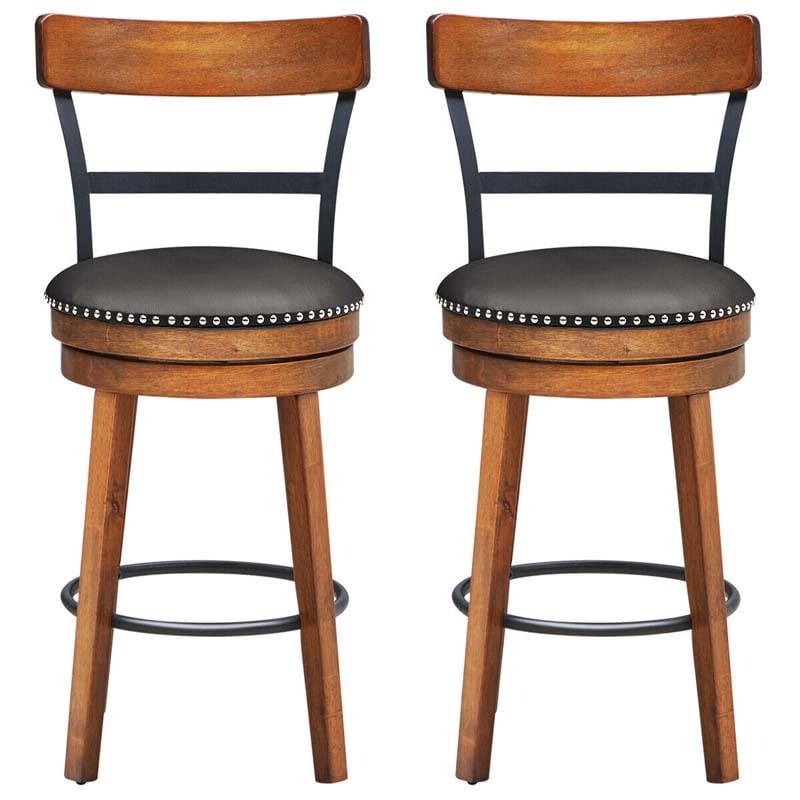 25.5" Wooden Swivel Bar Stools Set of 2 with Back & Leather Padded Seat, Upholstered Counter Height Bar Chairs for Kitchen Island, Pub, Restaurant