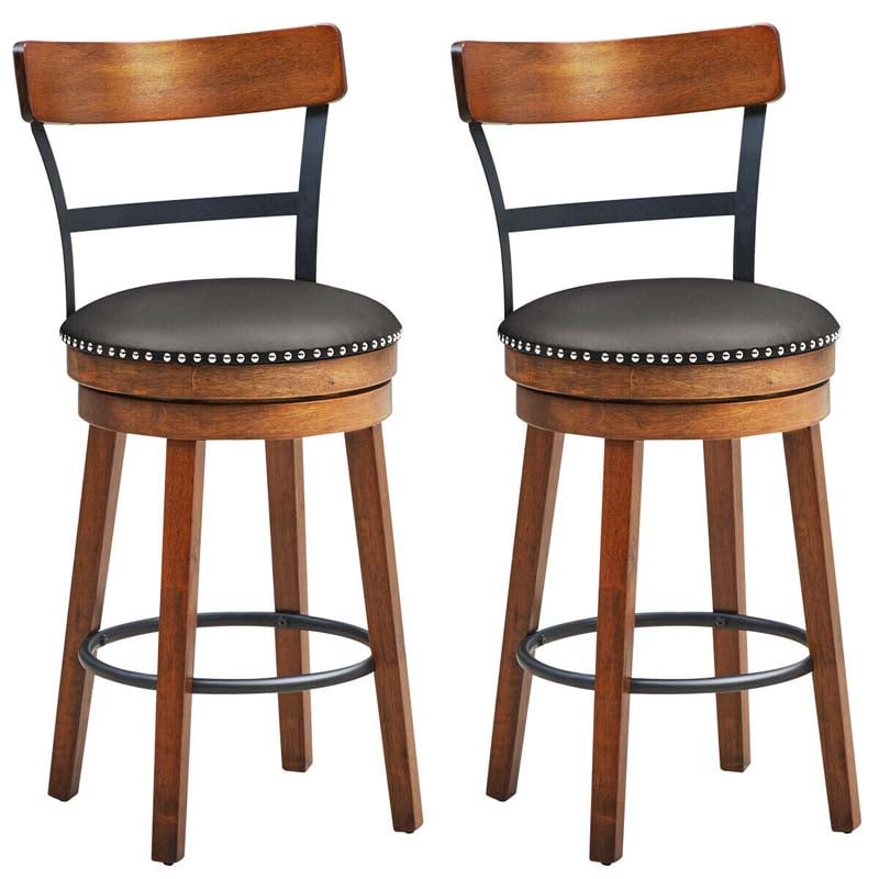 25.5" Wooden Swivel Bar Stools Set of 2 with Back & Leather Padded Seat, Upholstered Counter Height Bar Chairs for Kitchen Island, Pub, Restaurant