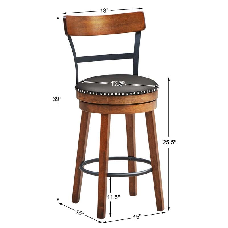 25.5" Wooden Swivel Bar Stools Set of 2 with Back & Leather Padded Seat, Upholstered Counter Height Bar Chairs for Kitchen Island, Pub, Restaurant
