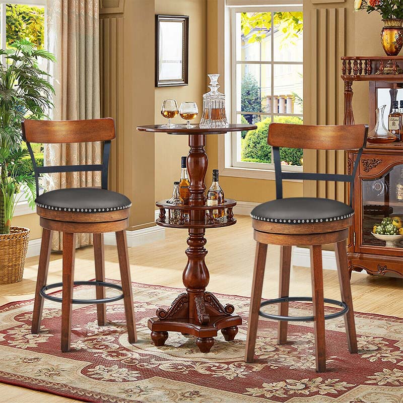 25.5" Wooden Swivel Bar Stools Set of 2 with Back & Leather Padded Seat, Upholstered Counter Height Bar Chairs for Kitchen Island, Pub, Restaurant